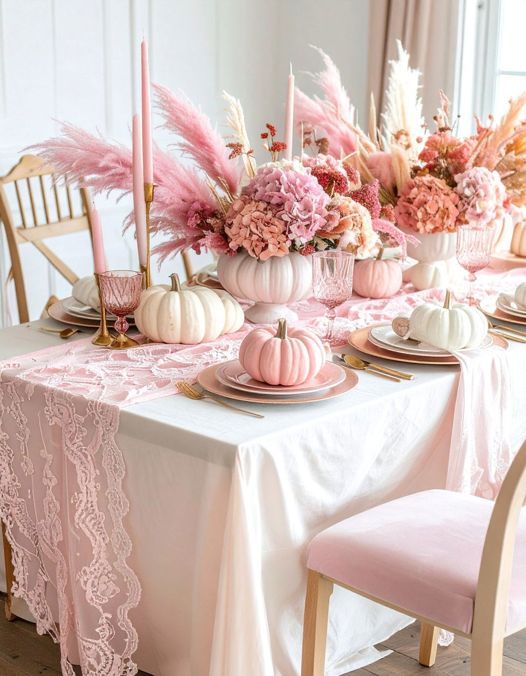 Blush Pink Table Runner Setting - 20 pink fall decor ideas