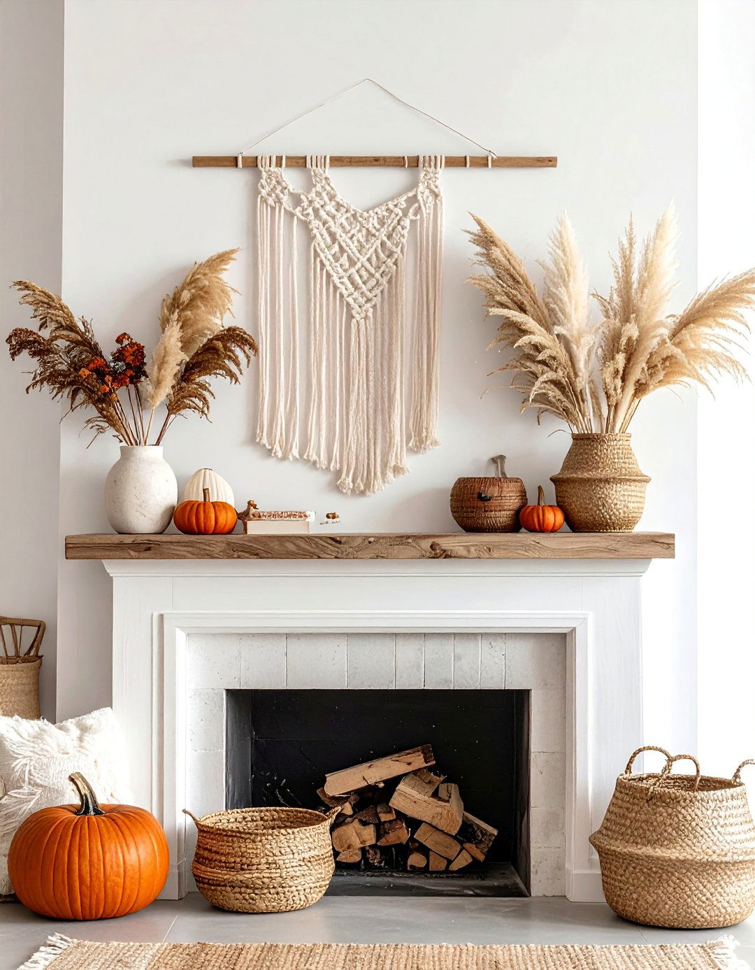 Boho Textured Mantel with Macrame - 20 fall mantel decor ideas