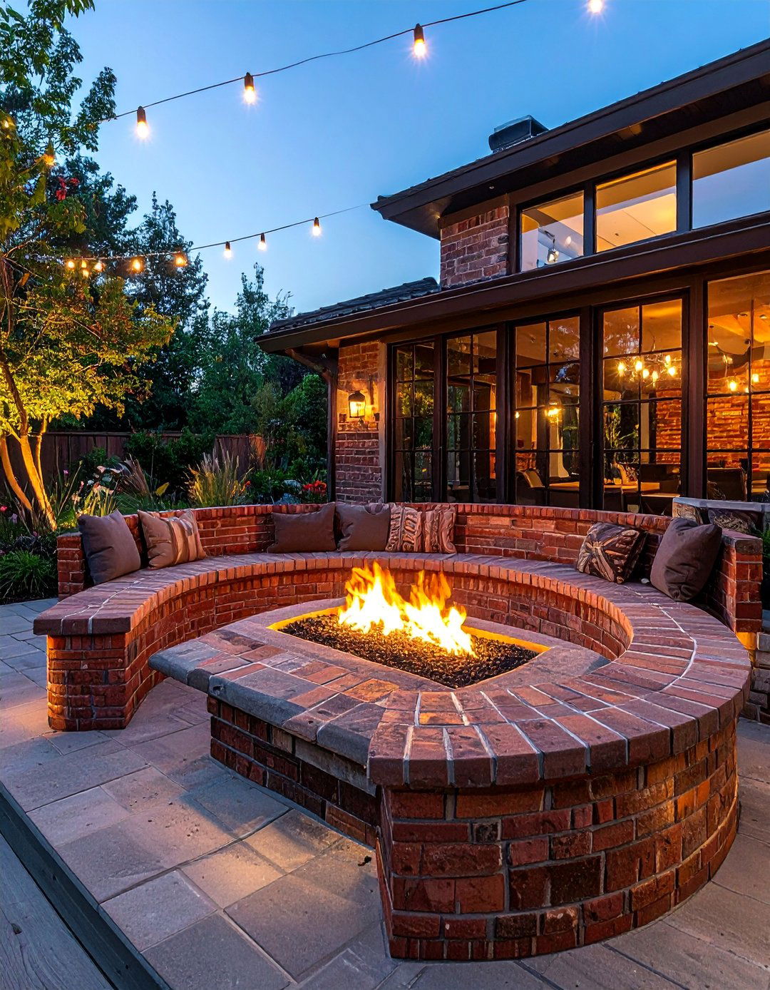 Brick Patio Firepit with Built In Seating - 20 fall firepit ideas