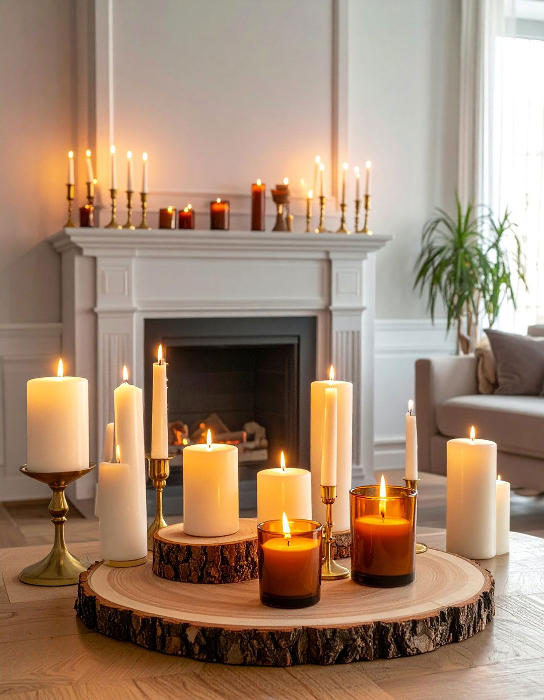 Candlelight Focus with Multiple Heights - 20 fall fireplace decor ideas