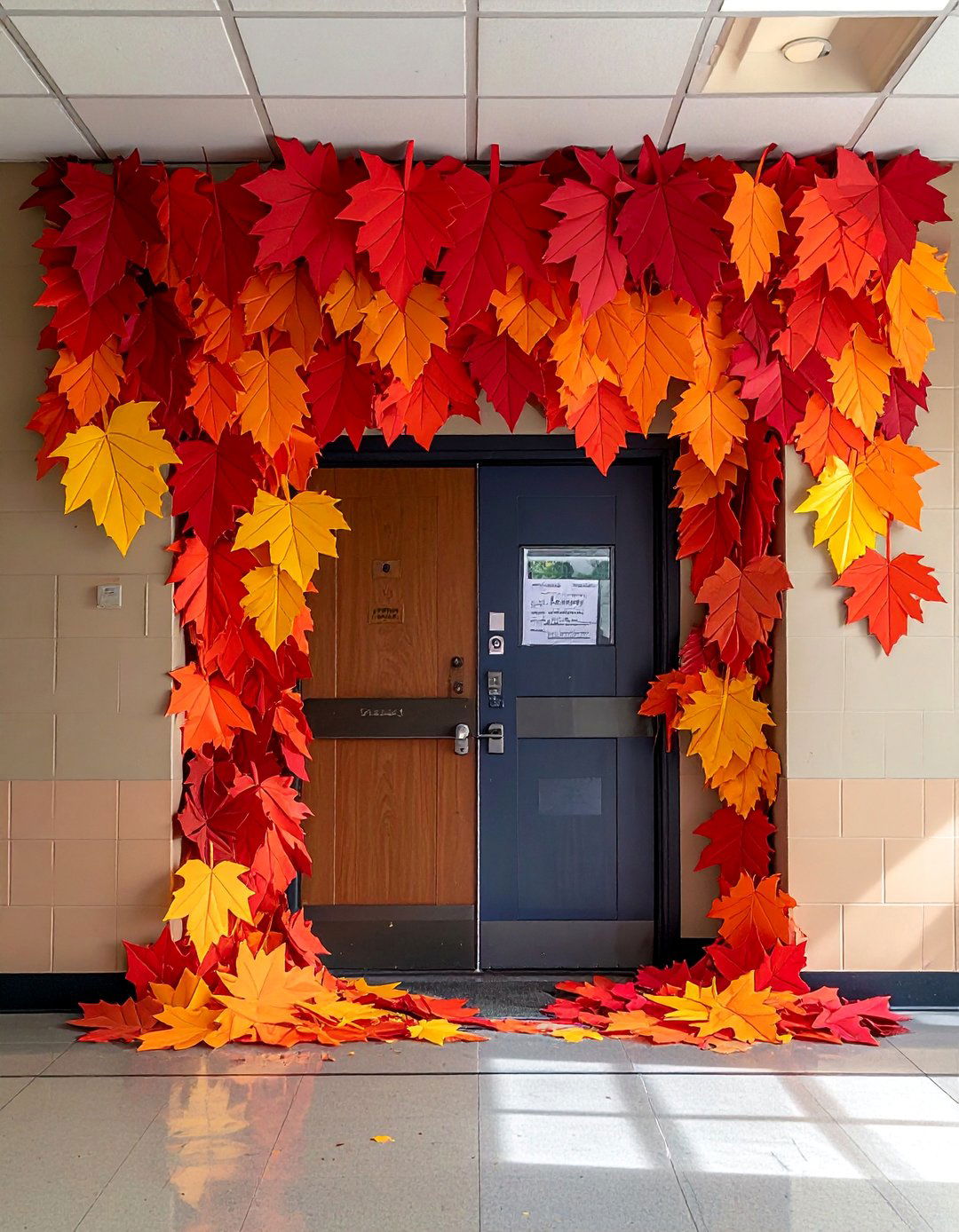 Cascading Autumn Leaves Display - 20 fall door decor classroom ideas