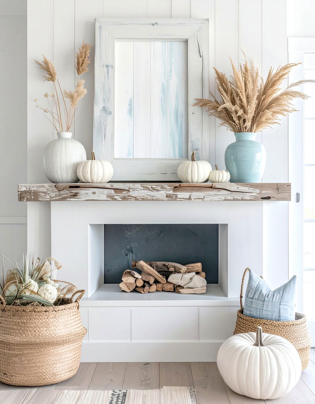 Coastal Fall with Driftwood and Neutral Tones - 20 fall mantel decor ideas