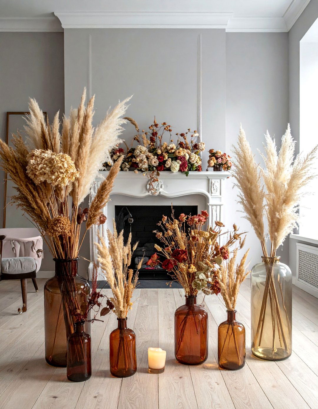 Dried Floral Arrangement with Preserved Blooms - 20 fall fireplace decor ideas