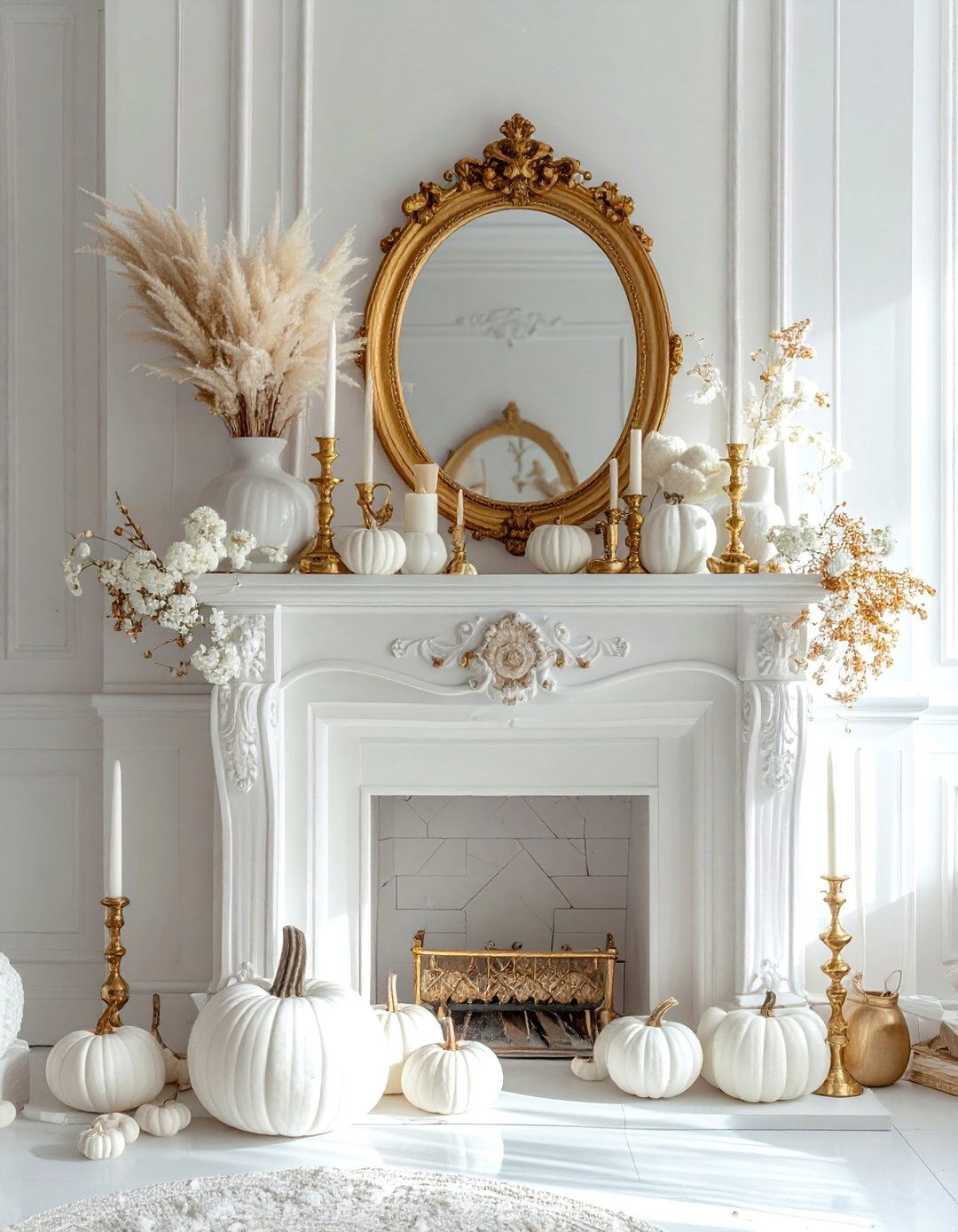 Elegant White and Gold Fall Mantel - 20 fall mantel decor ideas