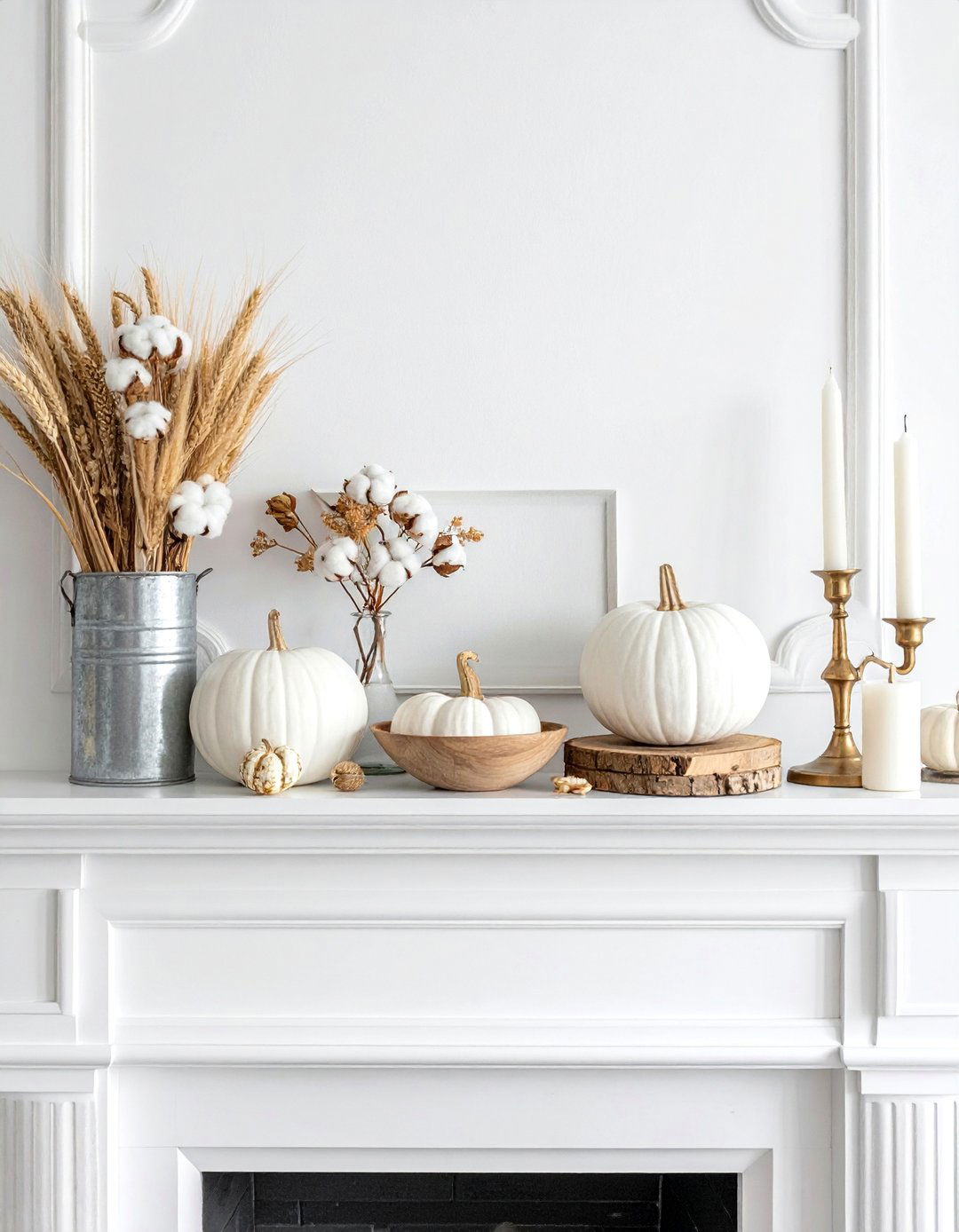 Farmhouse Neutrals with White Pumpkins - 20 fall mantel decor ideas
