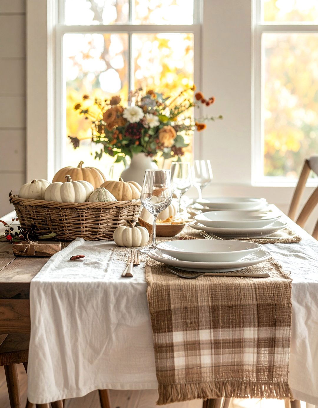 Farmhouse Style Table with Linens - 20 fall table decor ideas