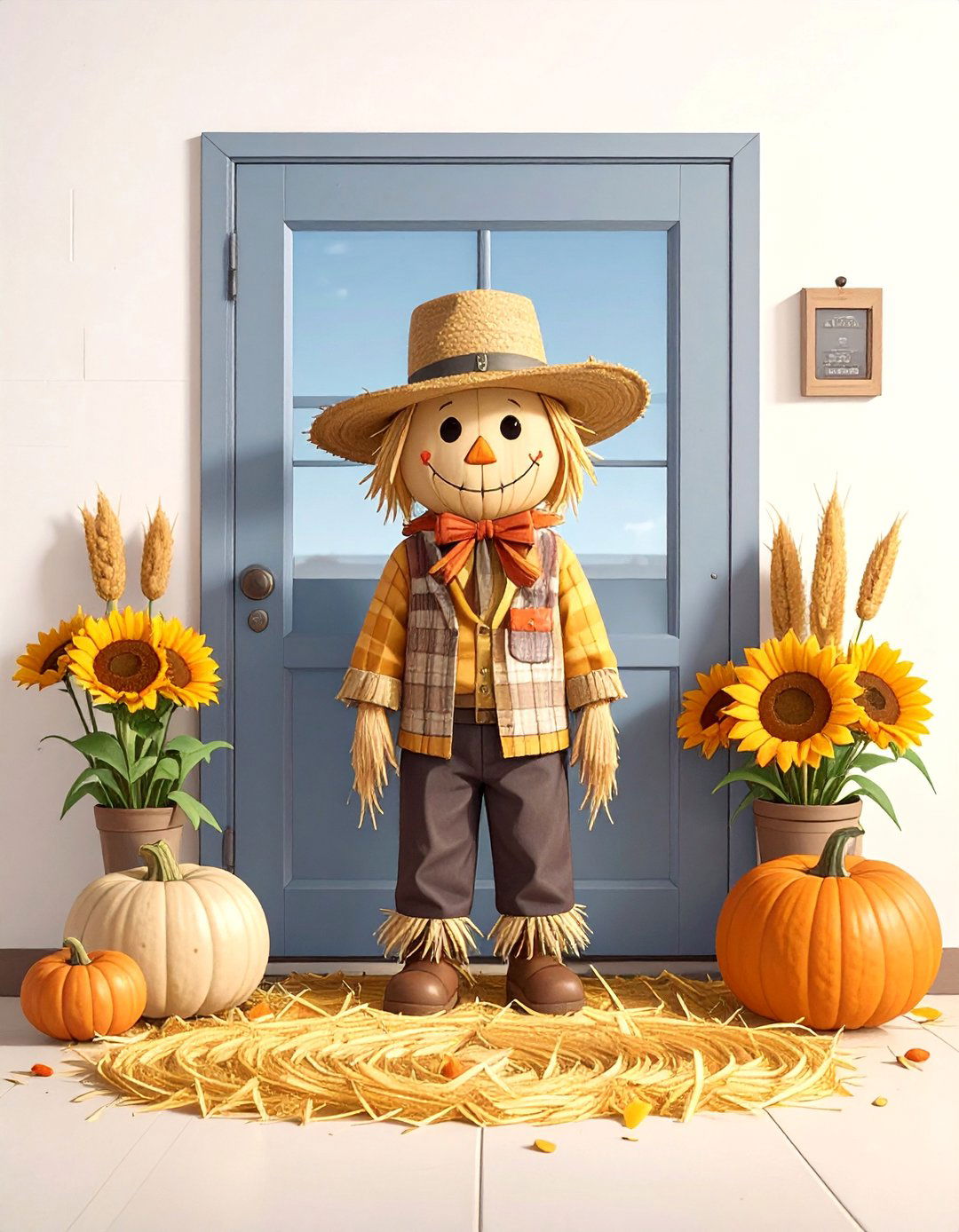 Friendly Scarecrow Greeting - 20 fall door decor classroom ideas