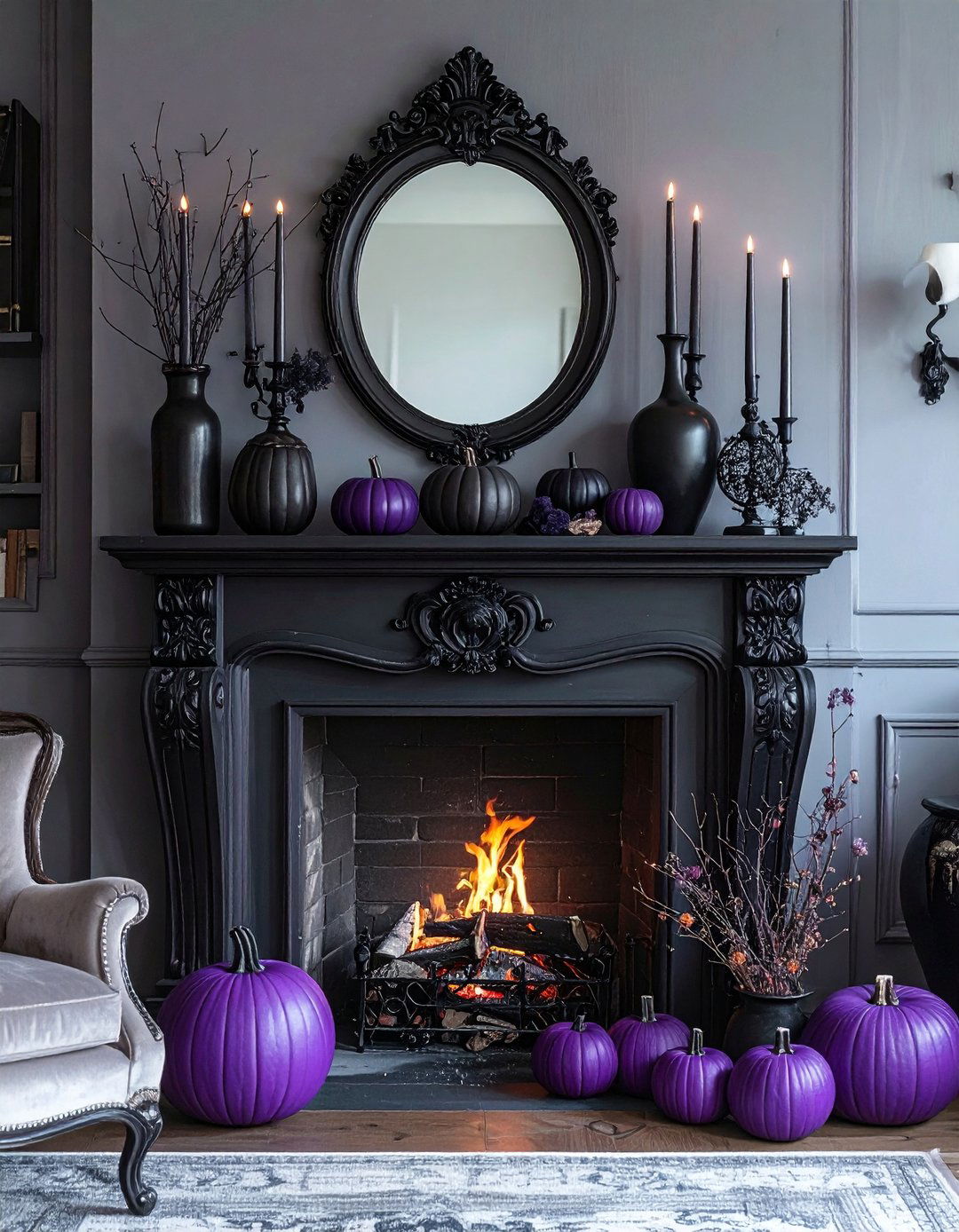 Halloween Inspired Dark and Moody Mantel - 20 fall fireplace decor ideas