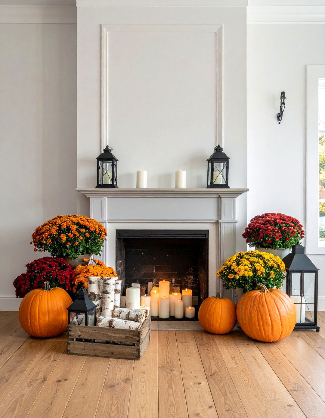 Hearth Focused Arrangement with Firewood - 20 fall fireplace decor ideas