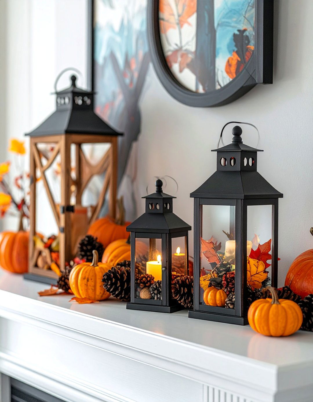 Lantern Focused Mantel with Seasonal Fillings - 20 fall mantel decor ideas
