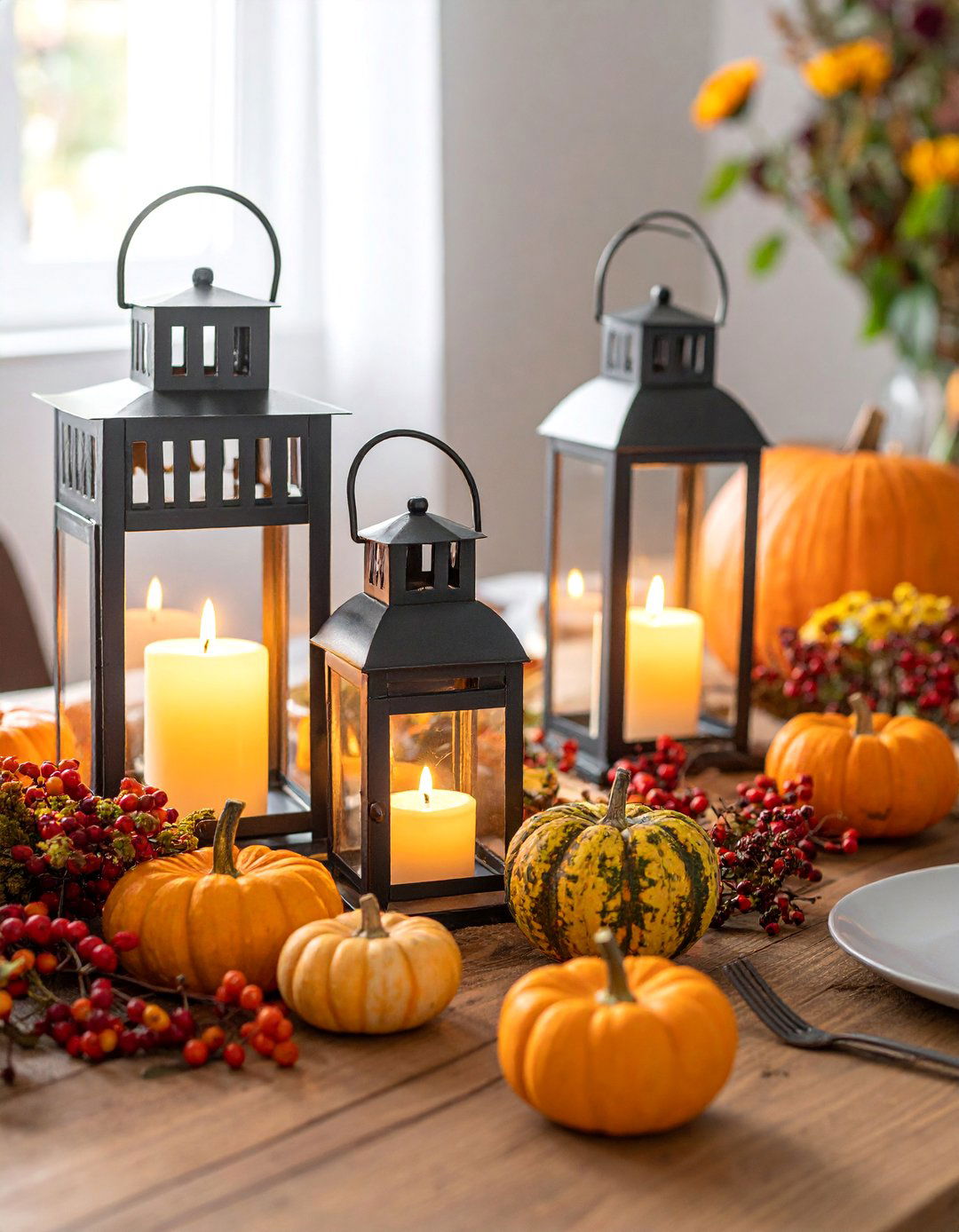 Lantern and Gourd Table Display - 20 fall table decor ideas