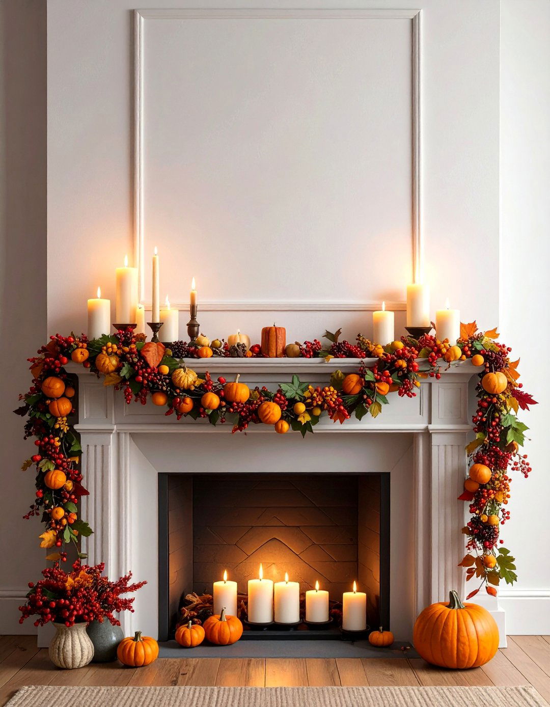 Layered Garland and Candlelight Mantel - 20 fall mantel decor ideas