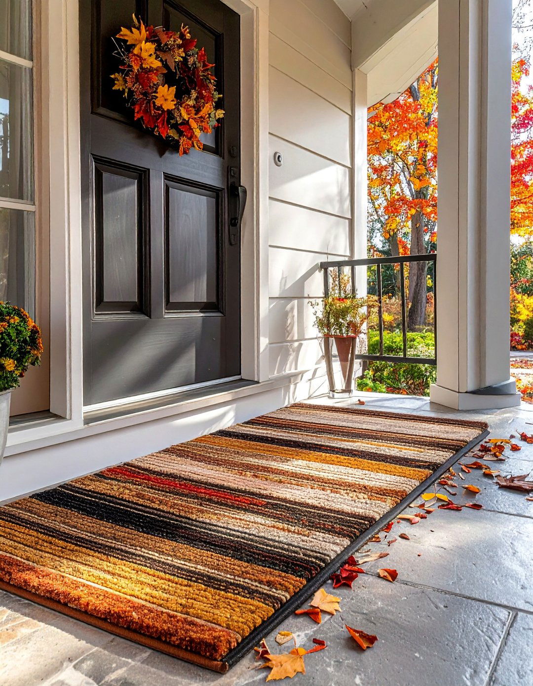 Layered Rug and Doormat Setup - 20 fall porch decor ideas