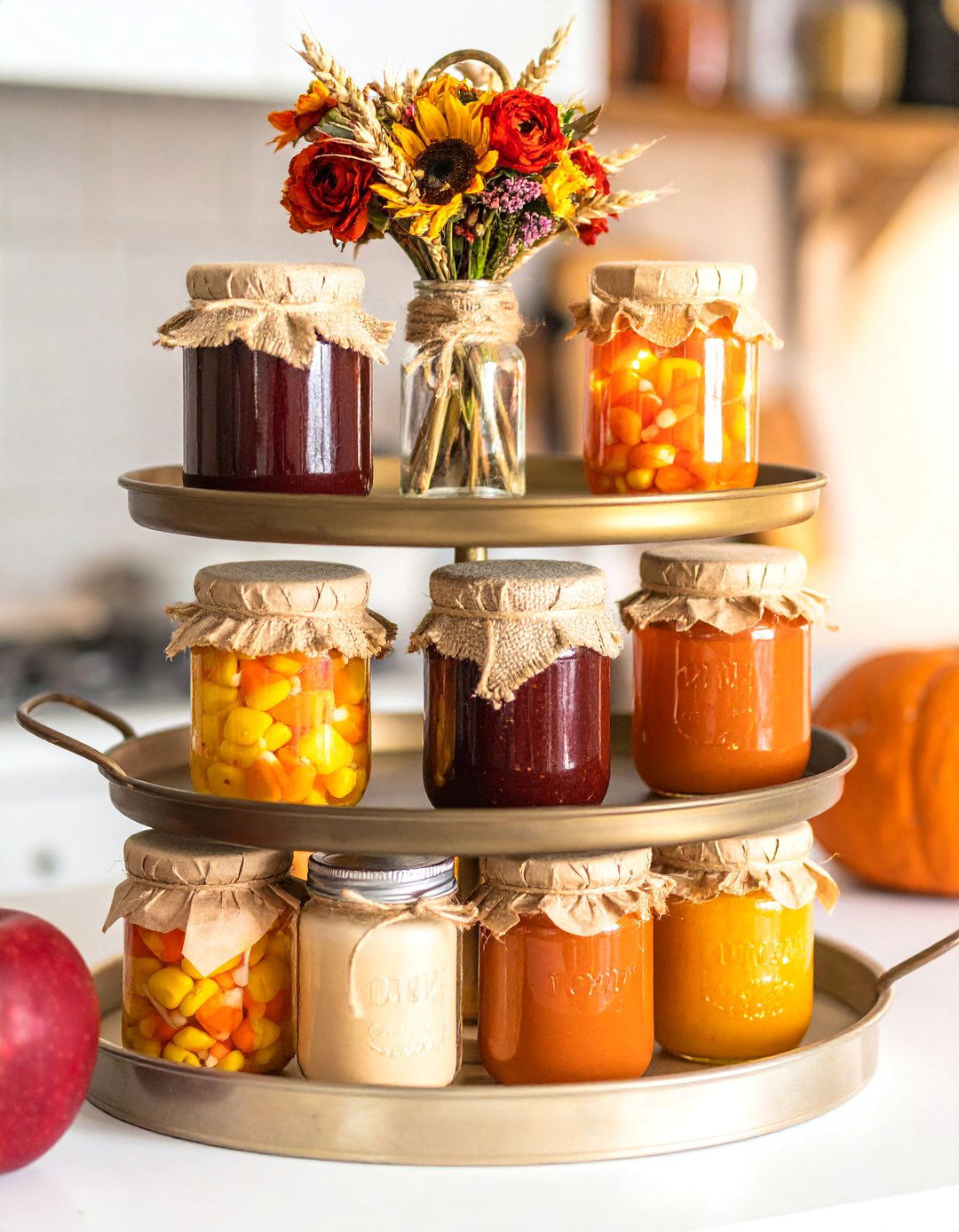 Mason Jar Fall Tiered Tray Display - 20 fall tiered tray decor ideas