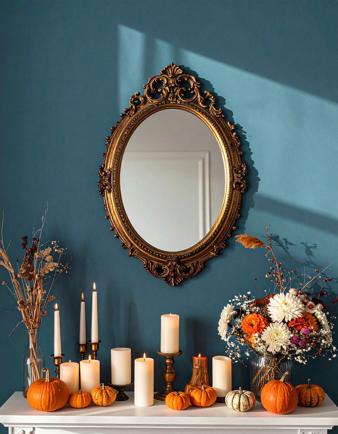 Mirror as Focal Point Above the Mantel - 20 fall fireplace decor ideas