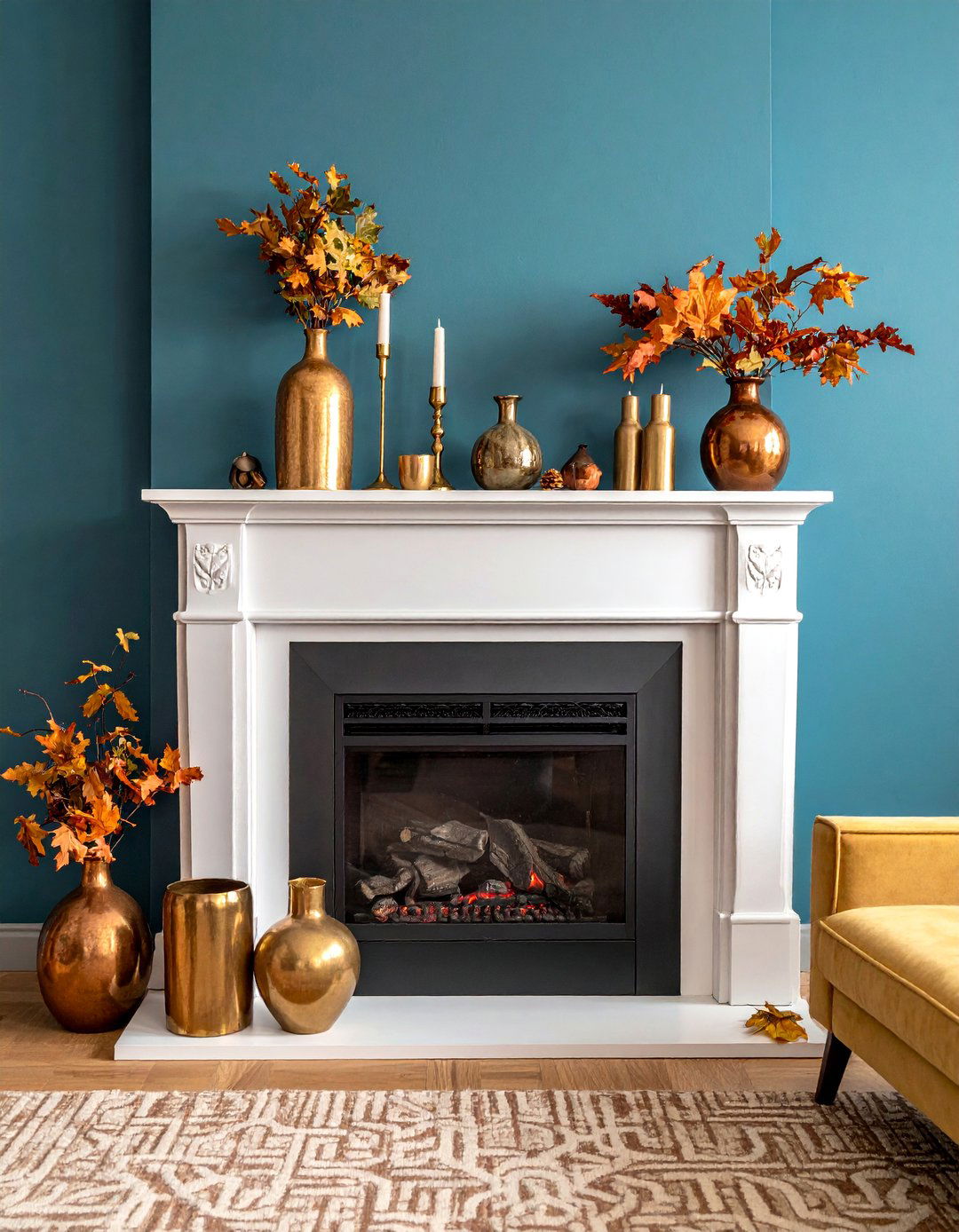 Mixed Metallics with Autumn Foliage Mantel - 20 fall mantel decor ideas