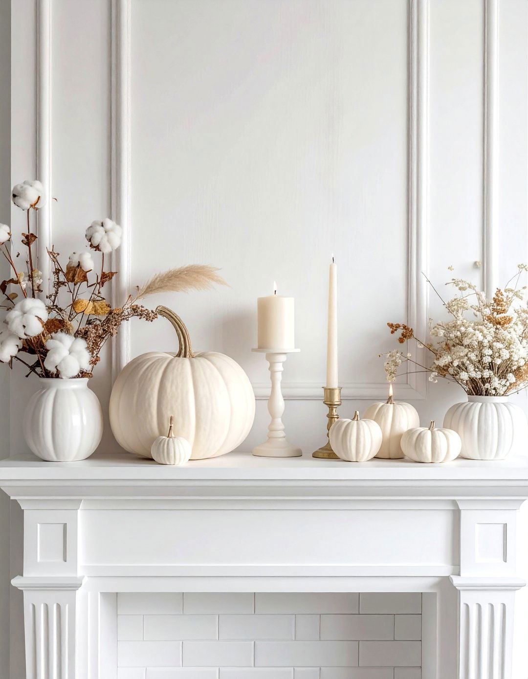 Monochromatic Cream and Ivory Mantel - 20 fall mantel decor ideas