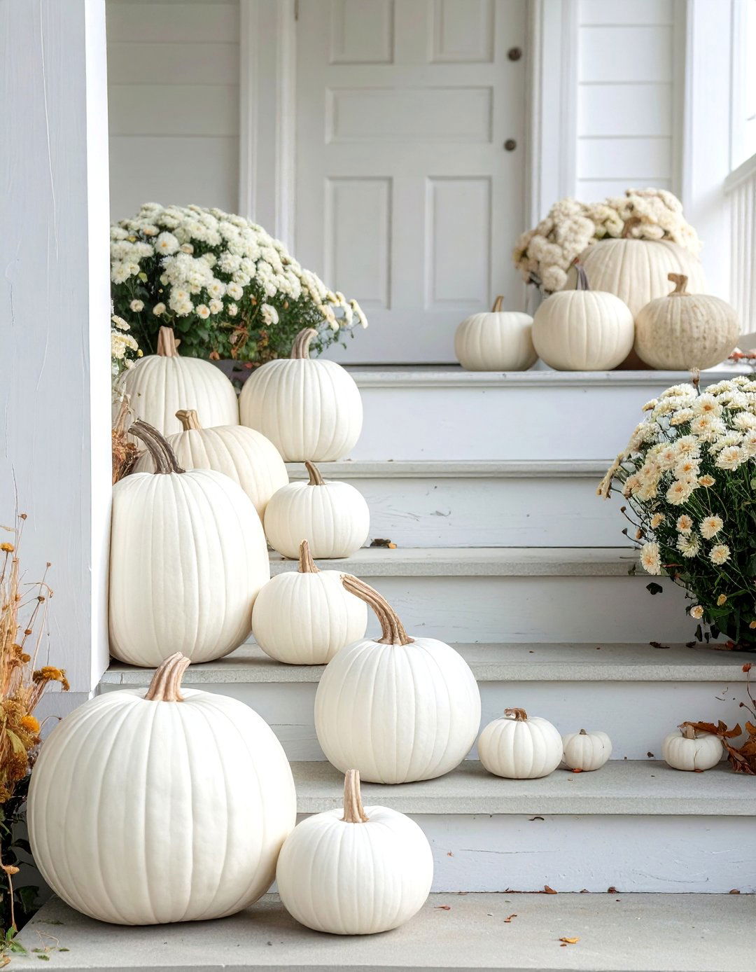 Monochromatic Pumpkin Groupings - 20 minimalist fall decor ideas