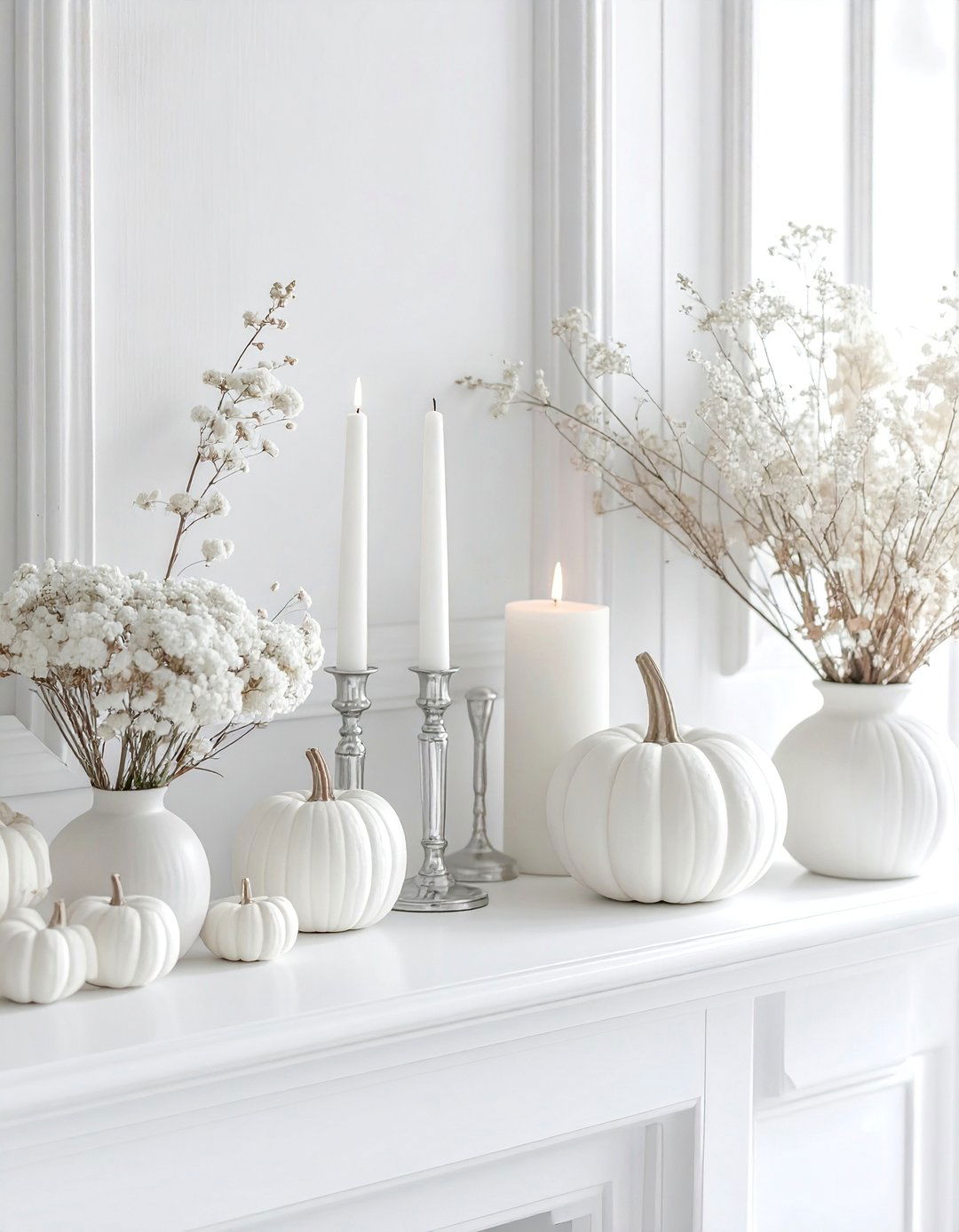 Monochromatic White Scheme for Elegance - 20 fall fireplace decor ideas