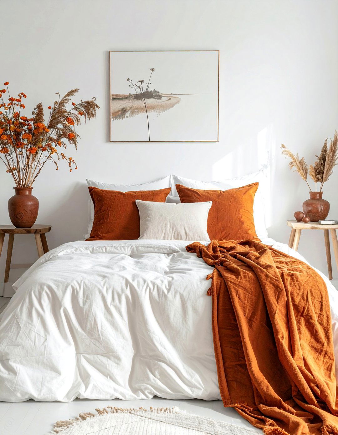 Neutral Base with Pops of Burnt Orange - 20 fall bedroom decor ideas