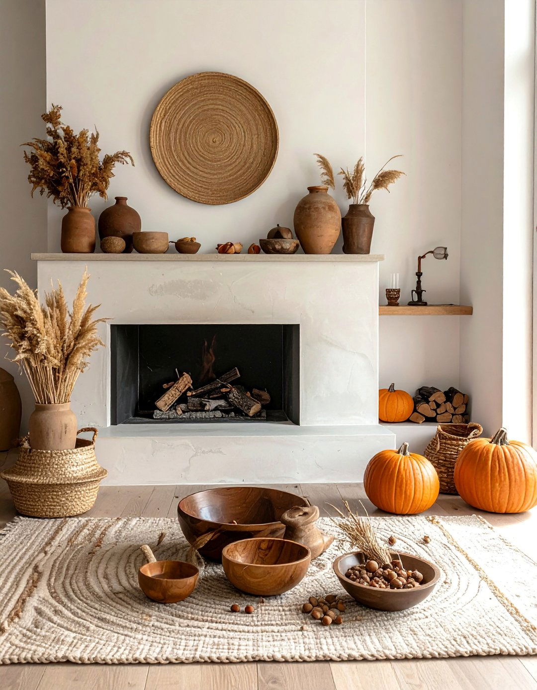 Neutral Earth Tones with Natural Textures - 20 fall fireplace decor ideas