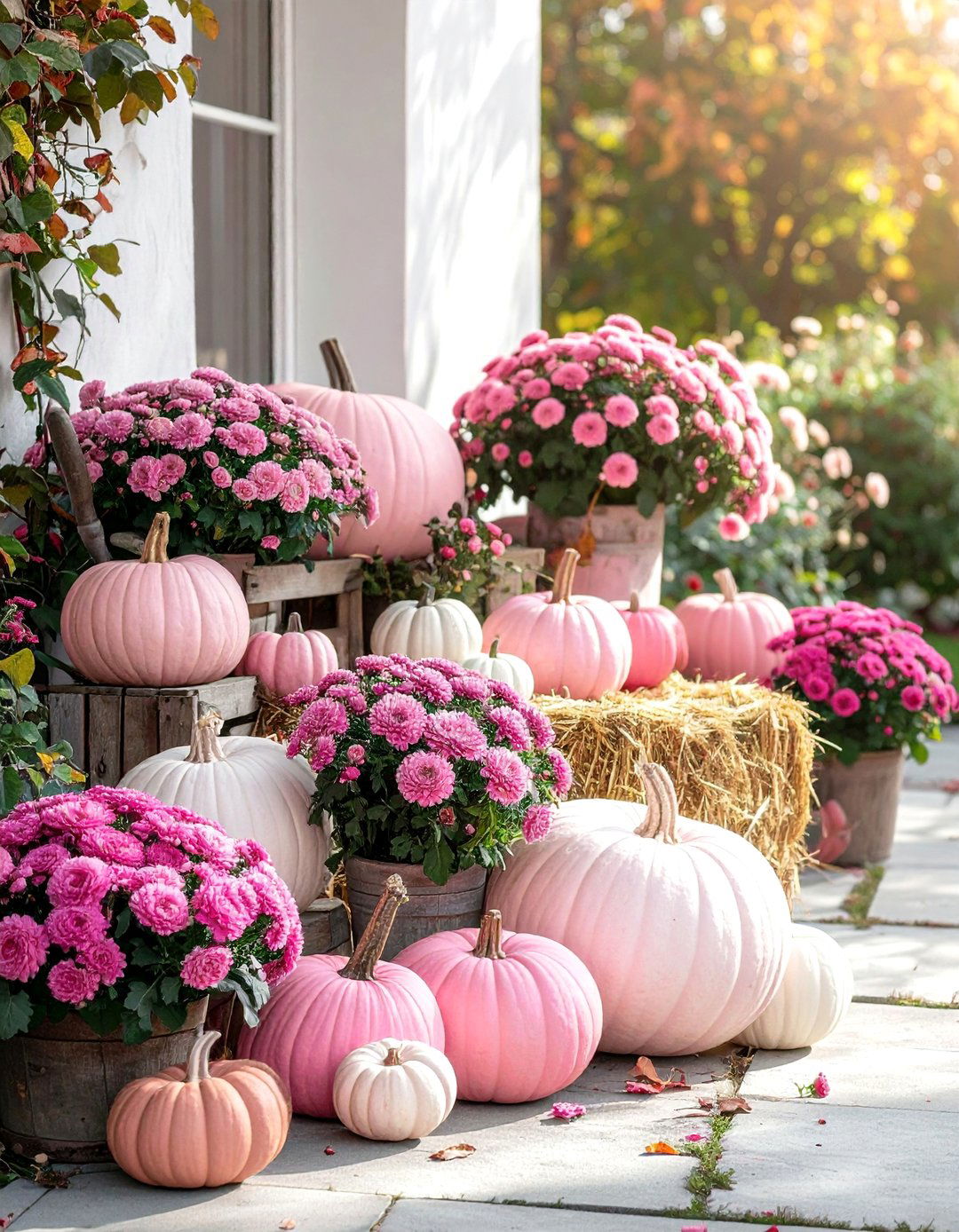 Pink Pumpkin Garden Display - 20 pink fall decor ideas