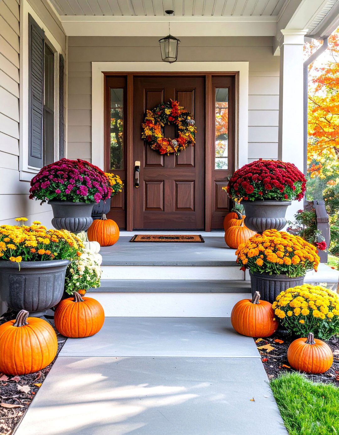 Porch Welcome with Seasonal Planters - 20 fall decor ideas
