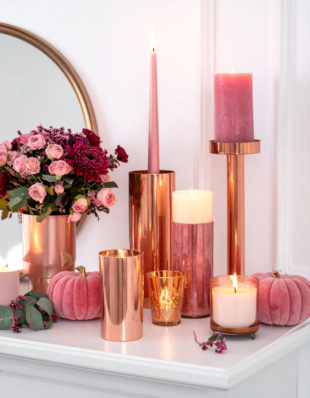 Rose Gold Candle Display - 20 pink fall decor ideas