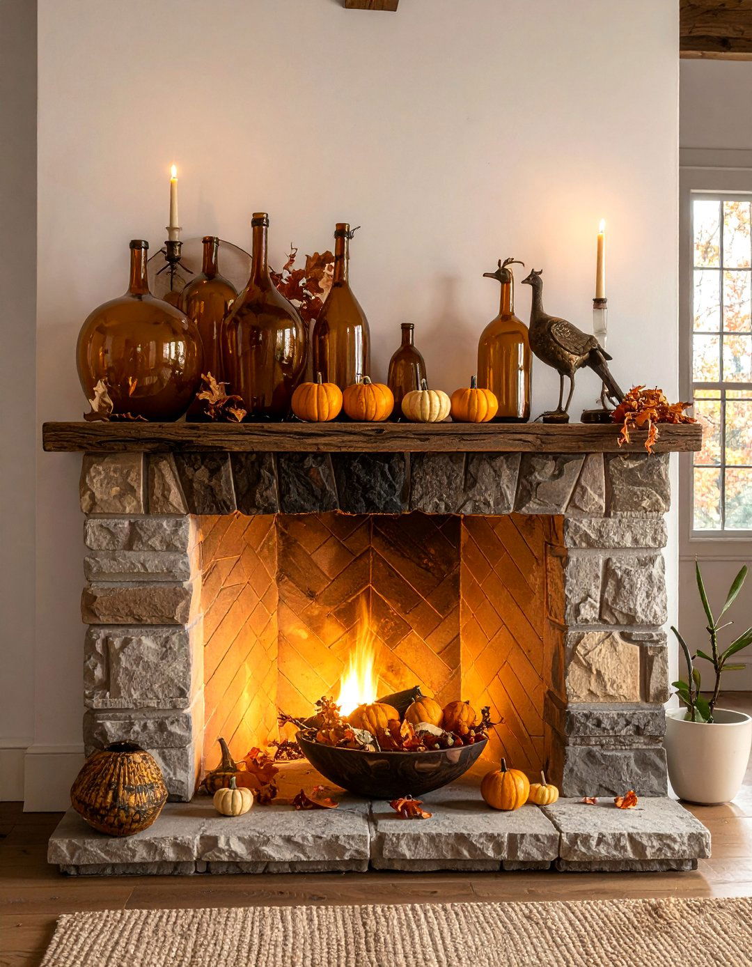 Rustic Wood and Amber Glass Mantel - 20 fall mantel decor ideas