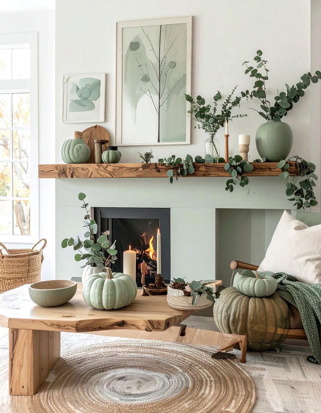 Sage Green and Natural Wood Mantel - 20 fall mantel decor ideas