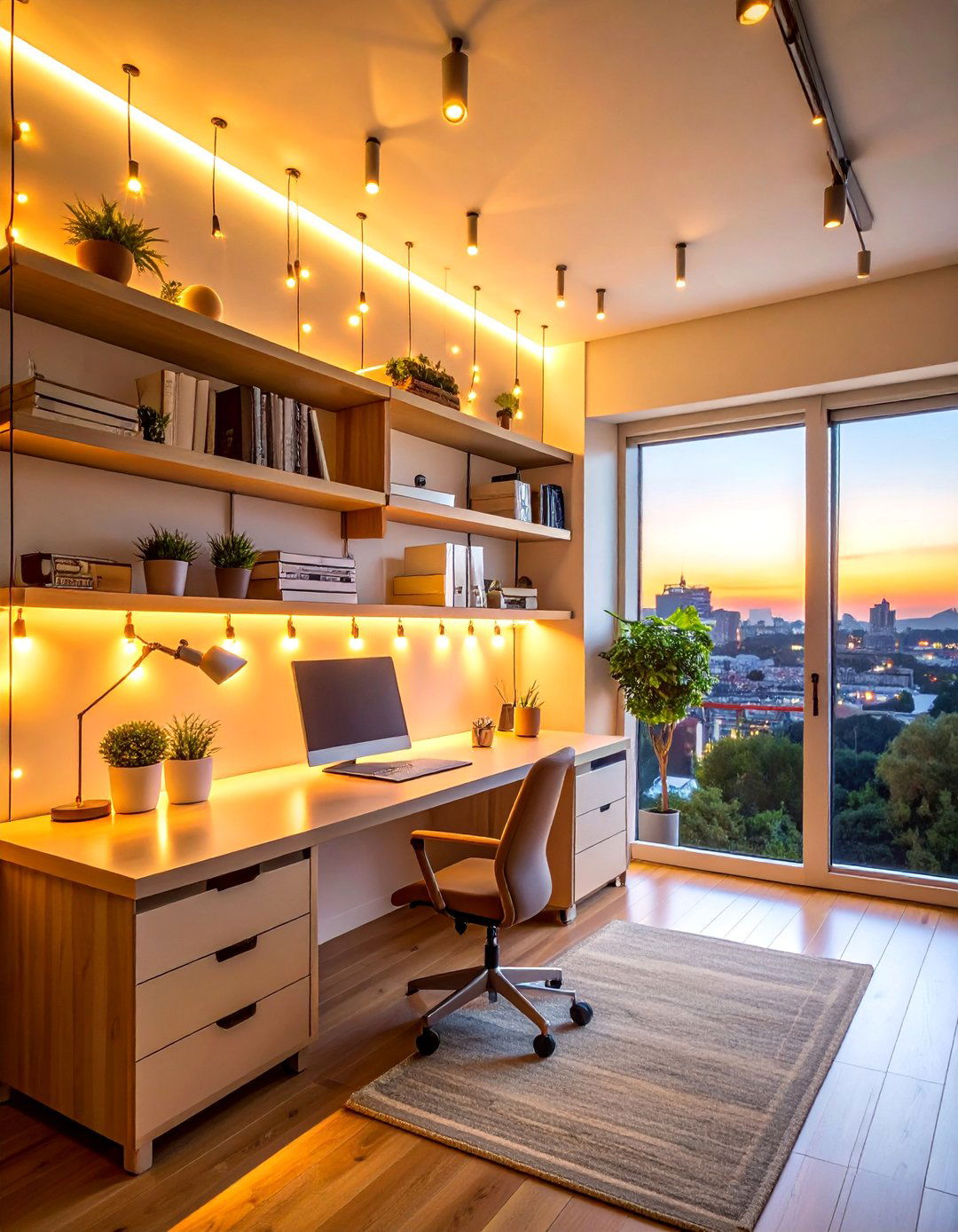 String Light Office - 20 fall office decor ideas