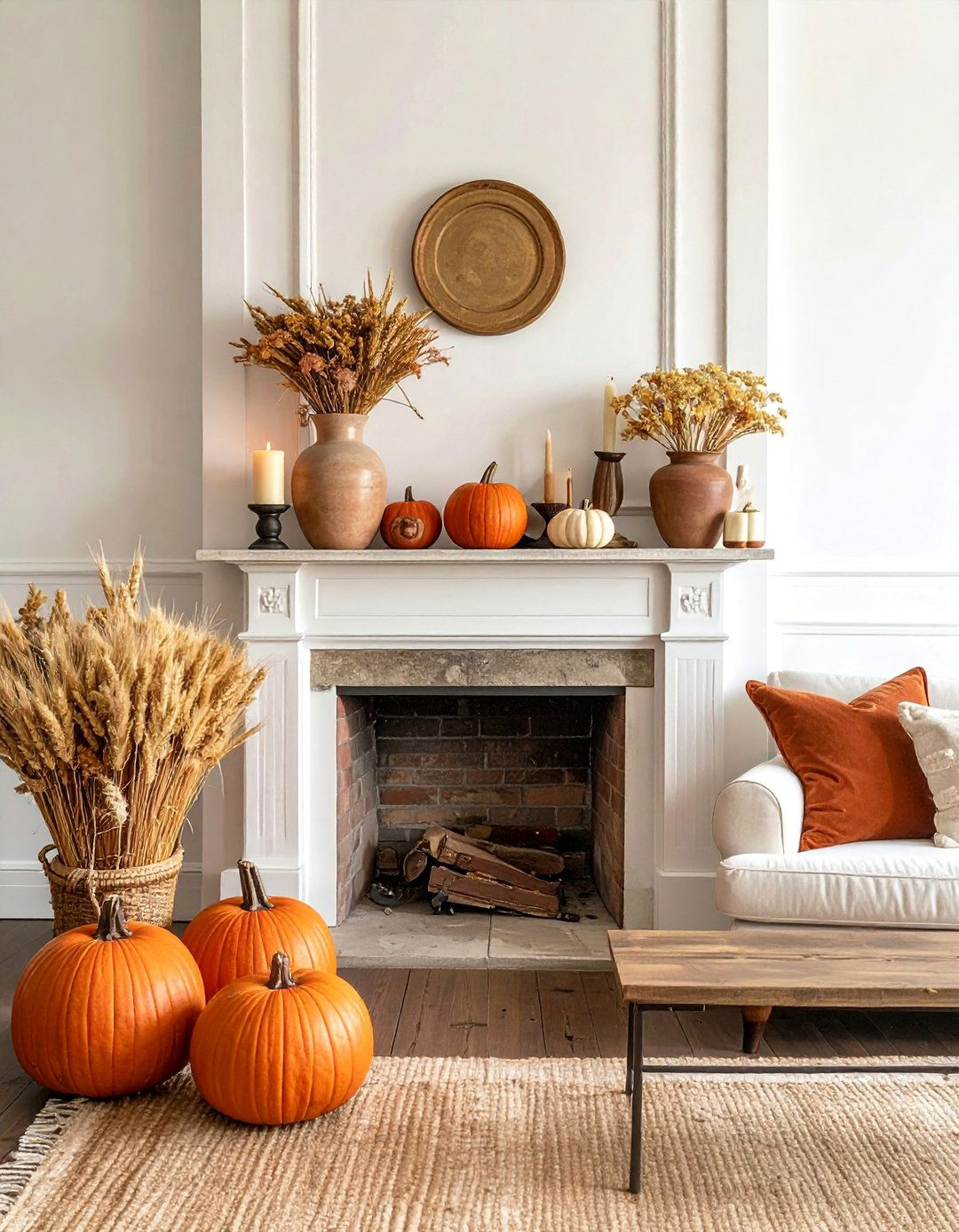 Terracotta and Wheat Bundle Mantel - 20 fall mantel decor ideas