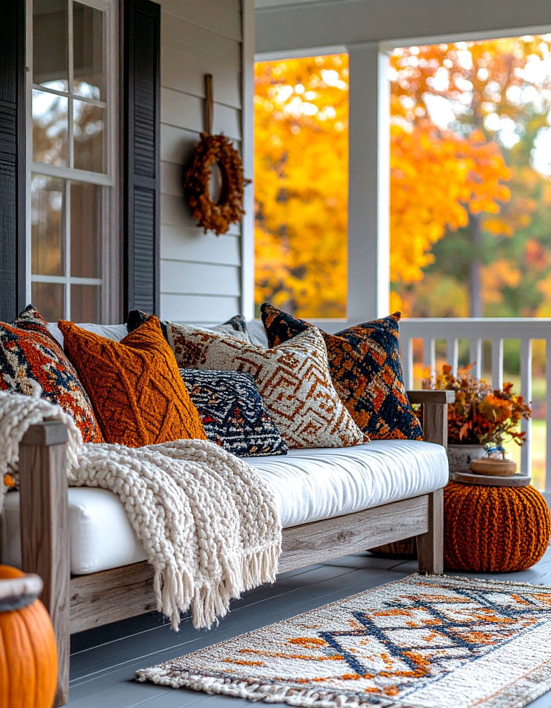 Textile Layering on Seating - 20 modern fall porch decor ideas