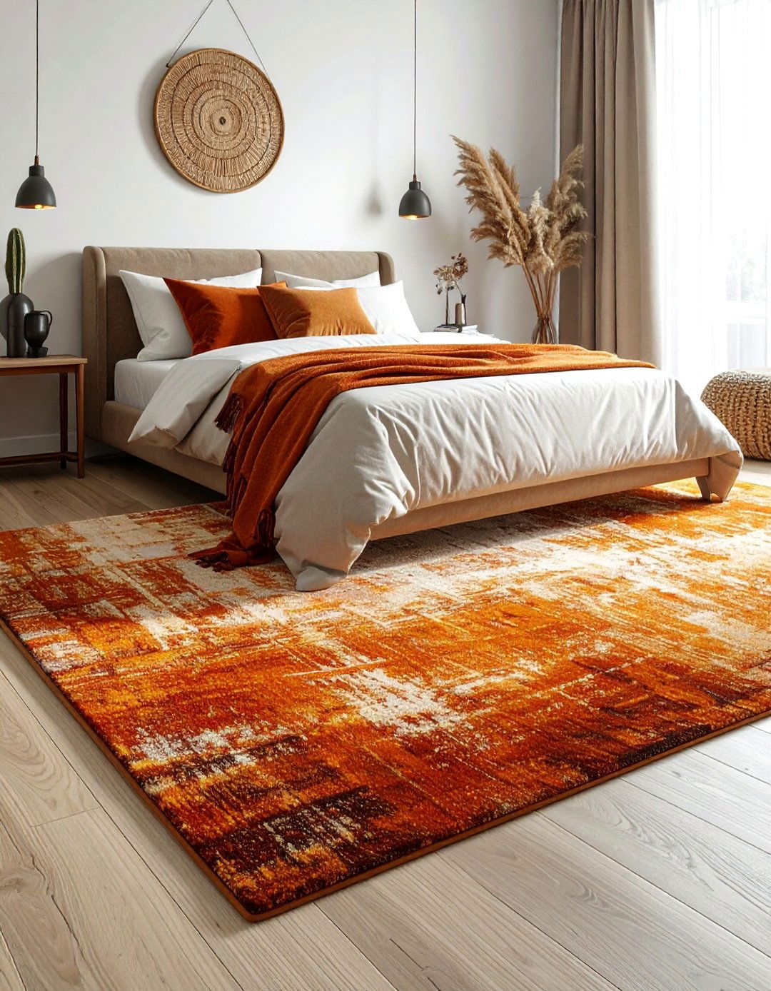Textured Area Rug in Warm Tones - 20 fall bedroom decor ideas