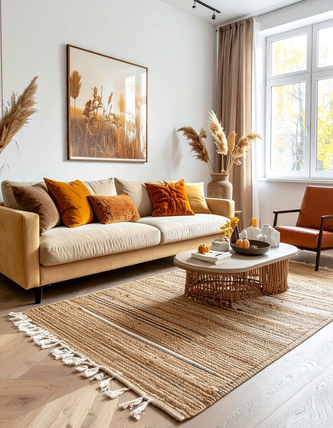Textured Rug Layering - 20 minimalist fall decor ideas