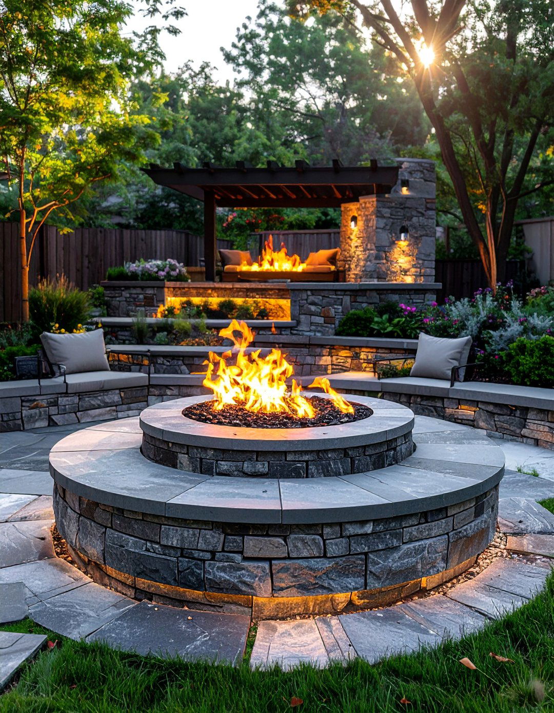 Tiered Stone Firepit with Multiple Levels - 20 fall firepit ideas