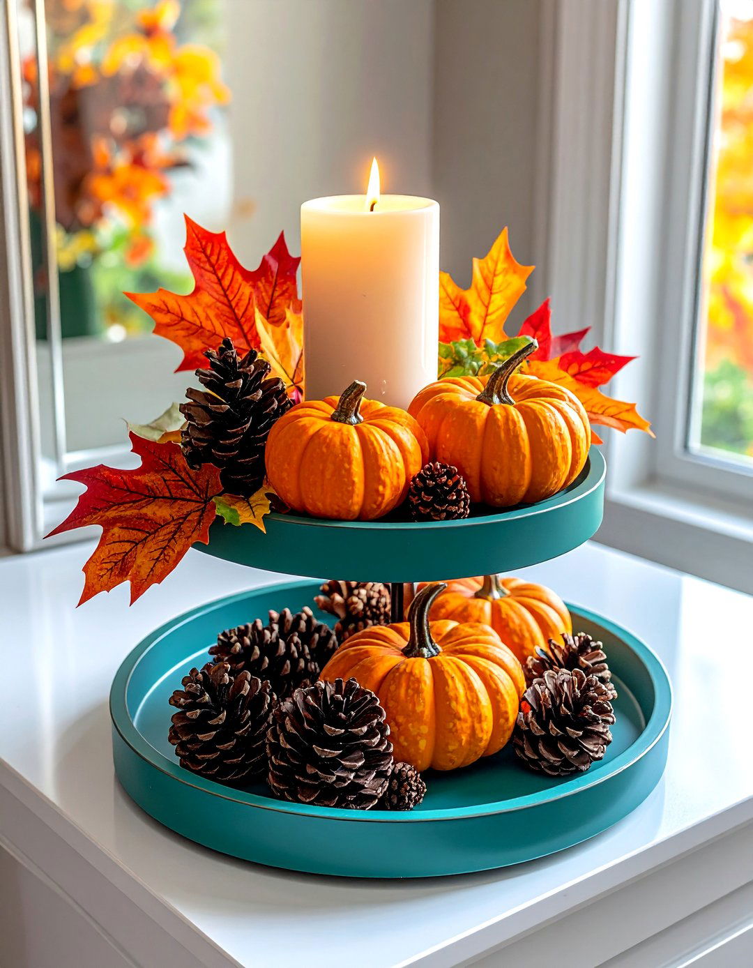 Tiered Tray Seasonal Setup - 20 fall leaves decor ideas
