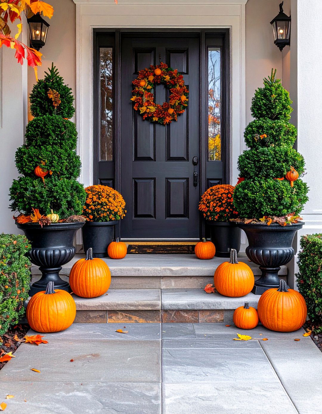 Topiaries Flanking Entrance - 20 fall front door decor ideas