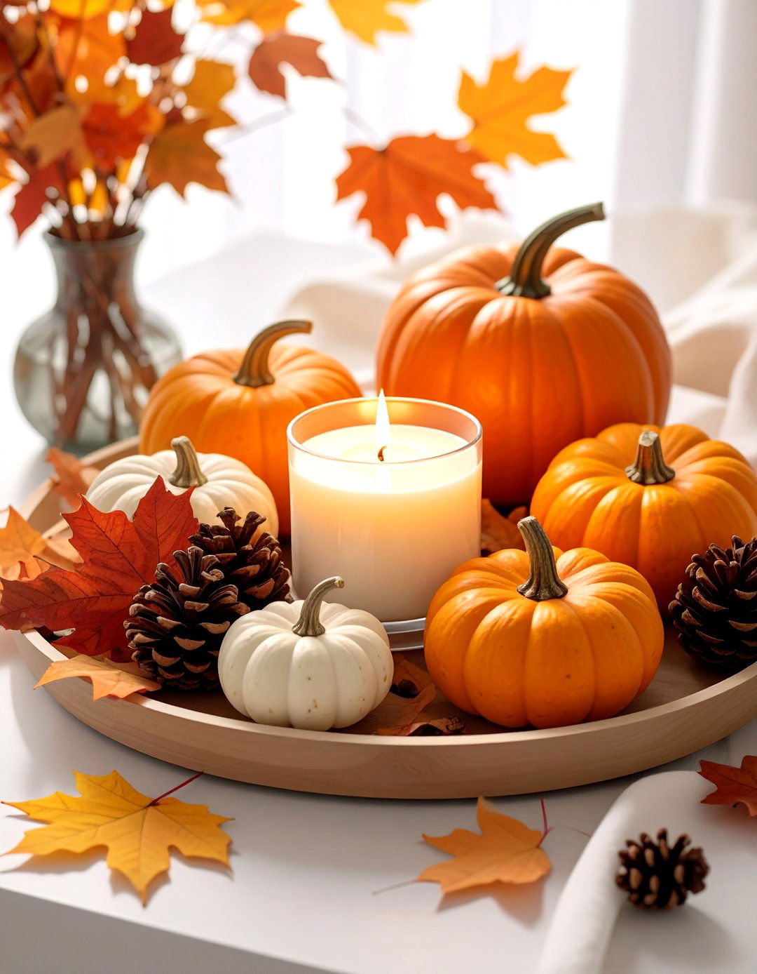 Tray Display with Leaf Scatter - 20 fall leaves decor ideas