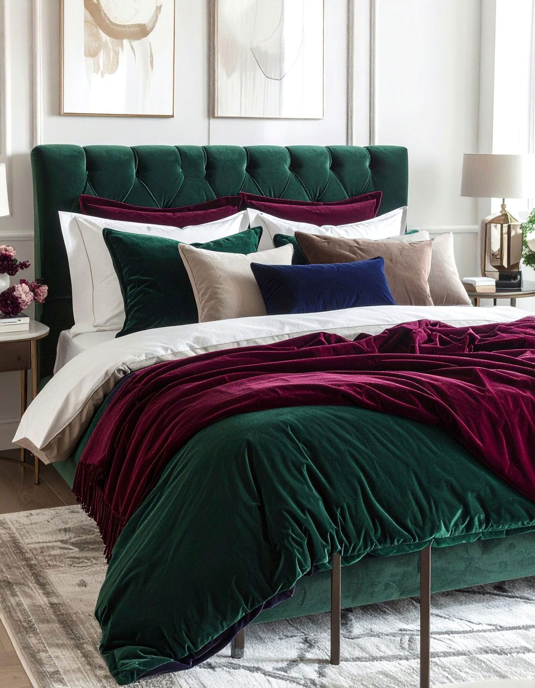 Velvet Throw Pillows in Jewel Tones - 20 fall bedroom decor ideas