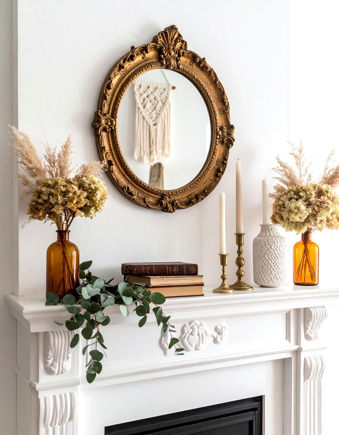 Vintage Boho Arrangement with Dried Florals - 20 fall fireplace decor ideas