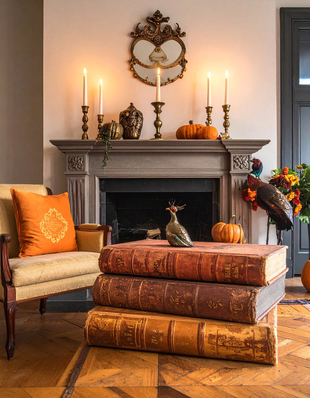 Vintage Books and Brass Accents Mantel - 20 fall mantel decor ideas
