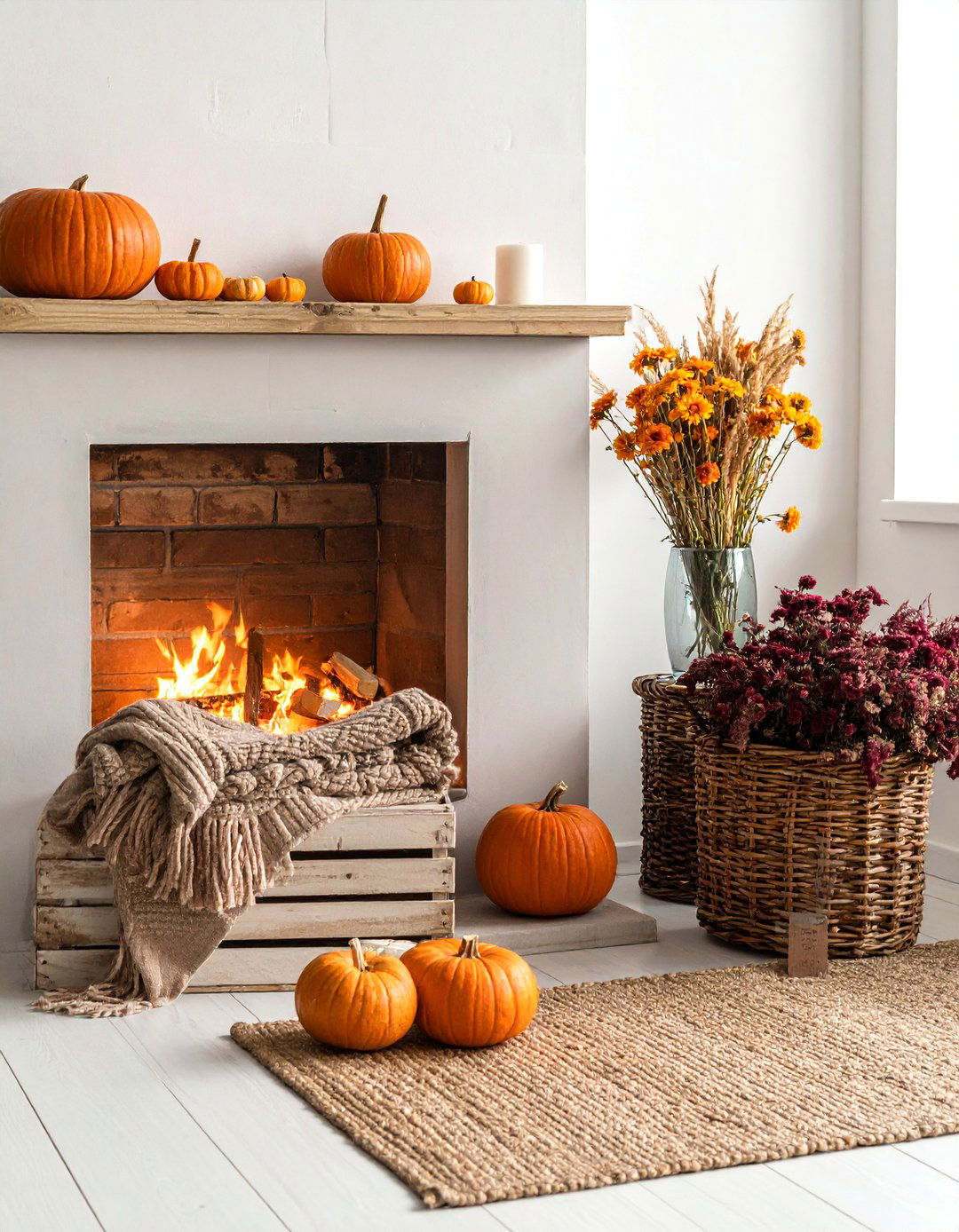 Vintage Crate and Basket Storage Display - 20 fall fireplace decor ideas