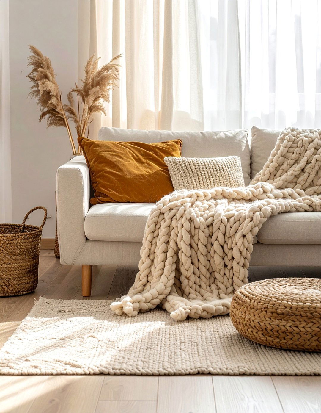 Warm Neutral Living Room with Layered Textures - 20 living room fall decor ideas