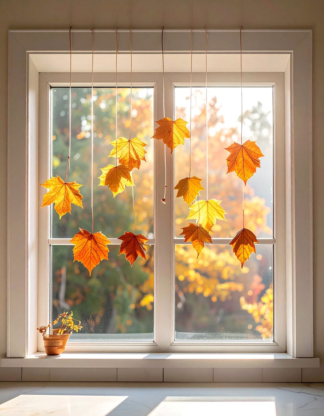 Window Display with Hanging Leaves - 20 fall leaves decor ideas