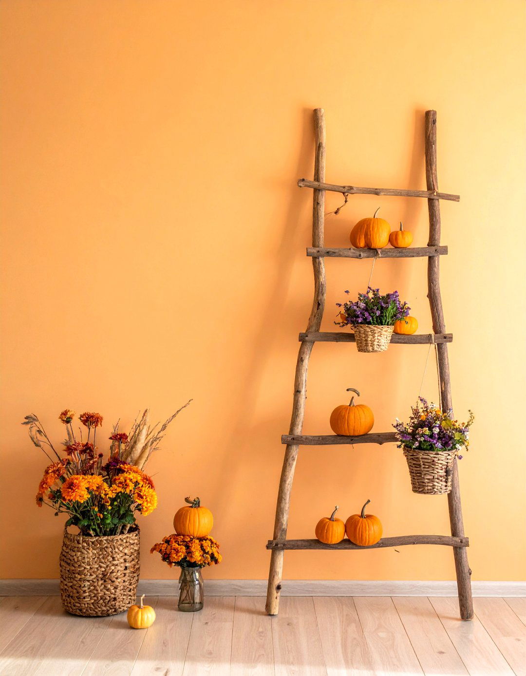Wooden Branch Ladder Display - 20 wooden fall decor ideas