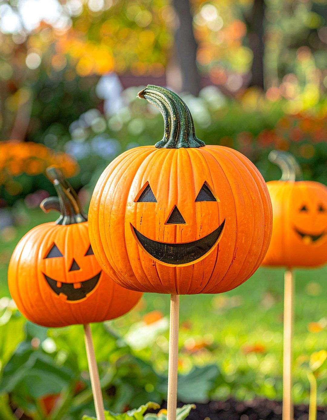 Wooden Stake Garden Pumpkins - 20 wooden fall decor ideas