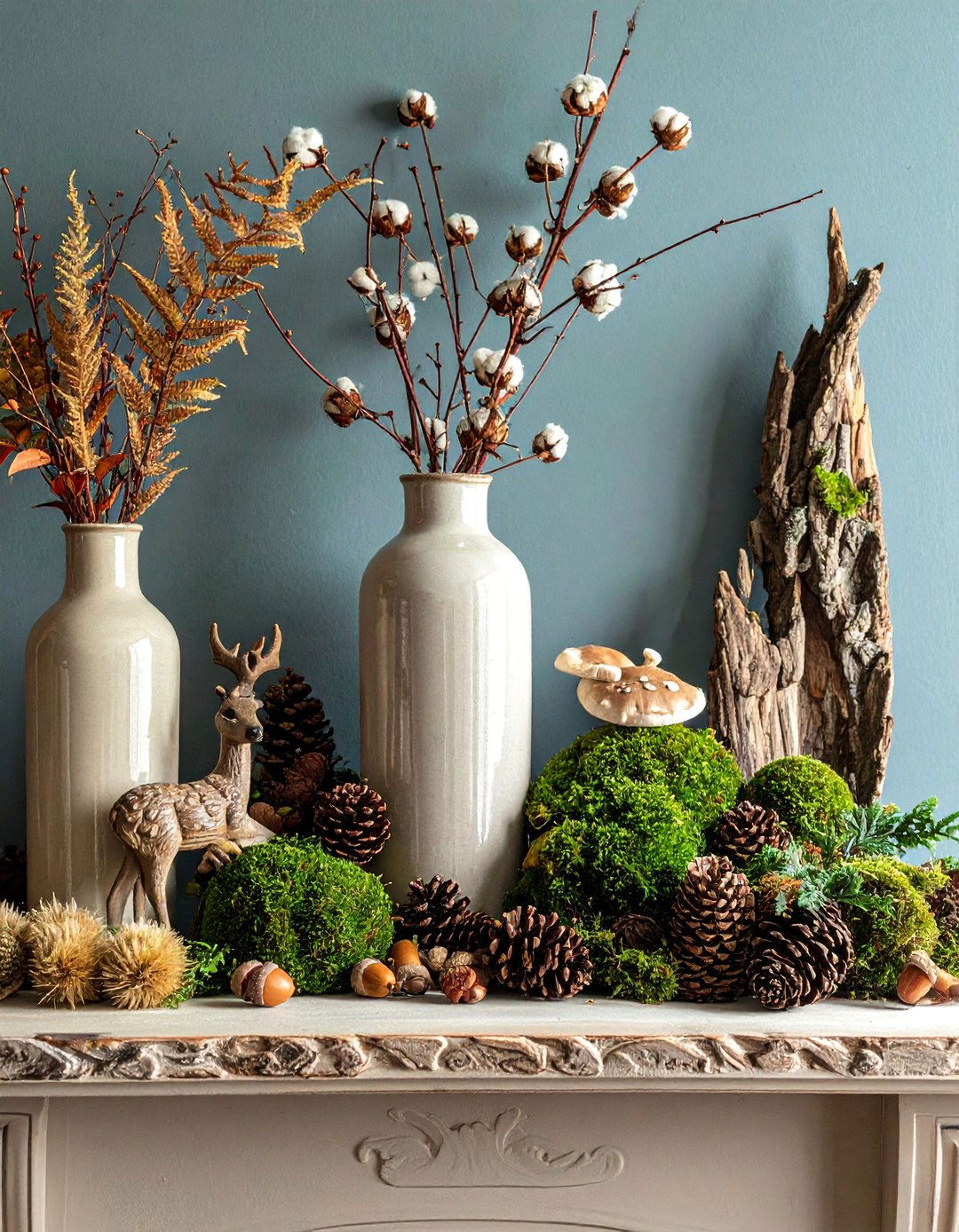 Woodland Theme with Branches and Moss - 20 fall fireplace decor ideas