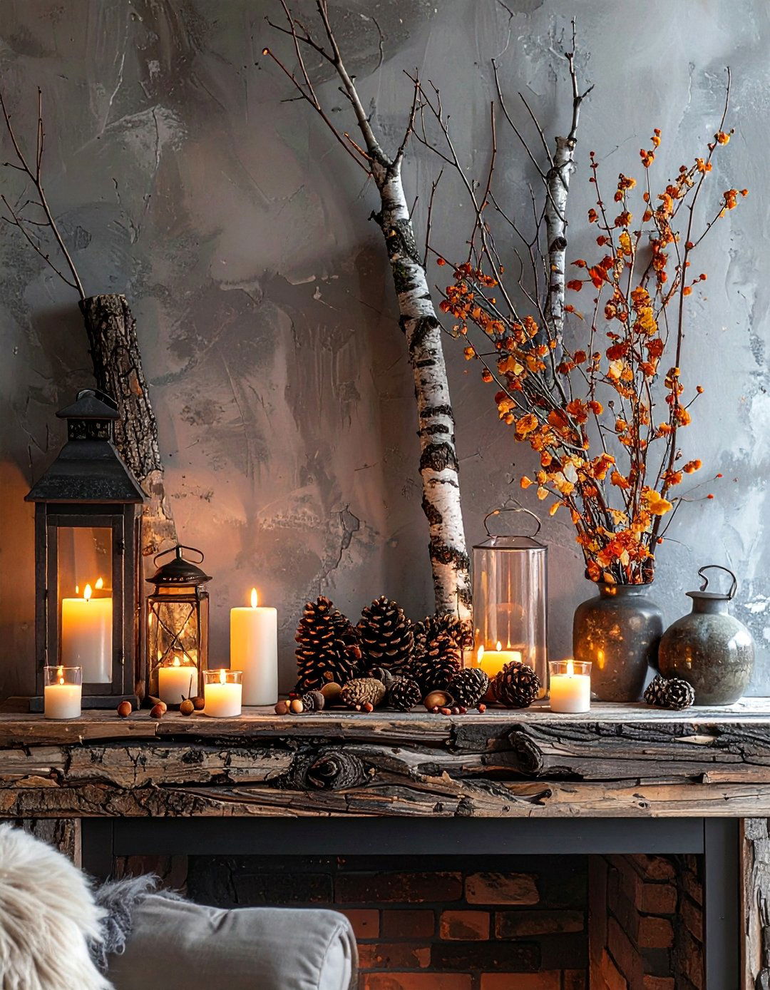 Woodland Theme with Pinecones and Branches - 20 fall mantel decor ideas