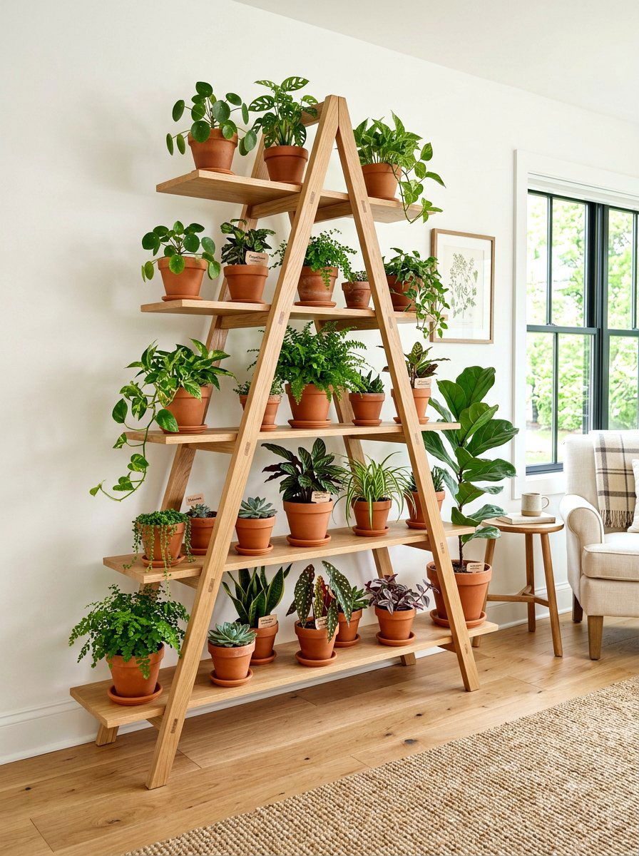 A Frame Wooden Plant Shelf - 25 Spring Flower Stand Ideas